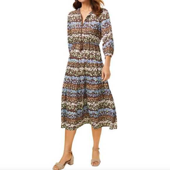 J. McLaughlin Hortense Floral Midi Dress Brown/Blue/Off-White XS NWT Classic - Picture 1 of 16